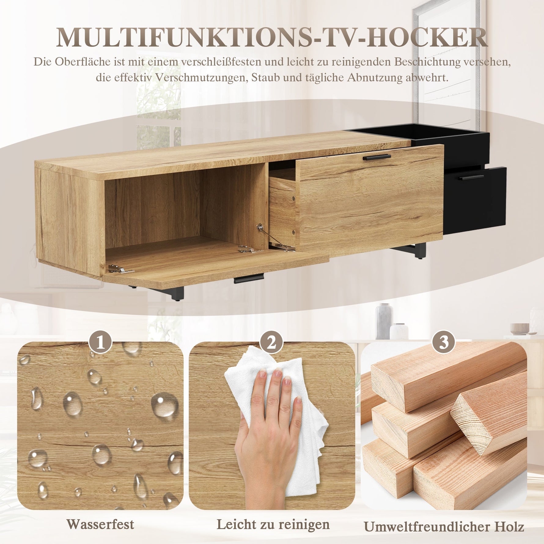 Modern TV Cabinet with Drawers and Open Compartments, Wood and Black