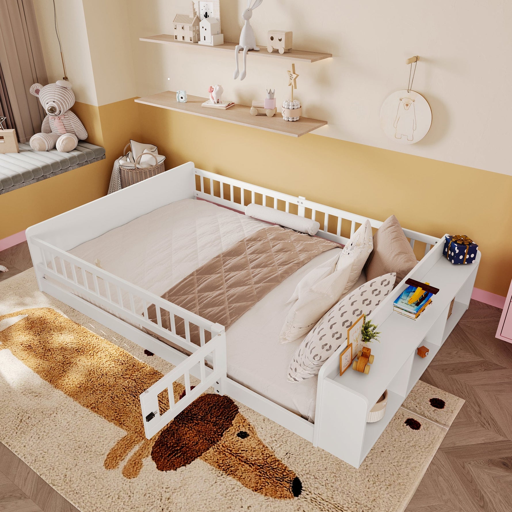 Children's Wooden Bed 140x190cm Open Storage Shelves Opening Case - Pine White