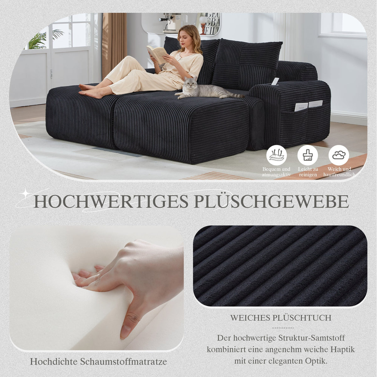 Modular 2-Seater Sofa with 2 Ottomans, Cupholder and Storage Pocket, Black Corduroy