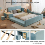 Upholstered Single Bed with Desk, Stool, Storage Shelf, Soft Headboard, 140x200cm, Velvet Blue