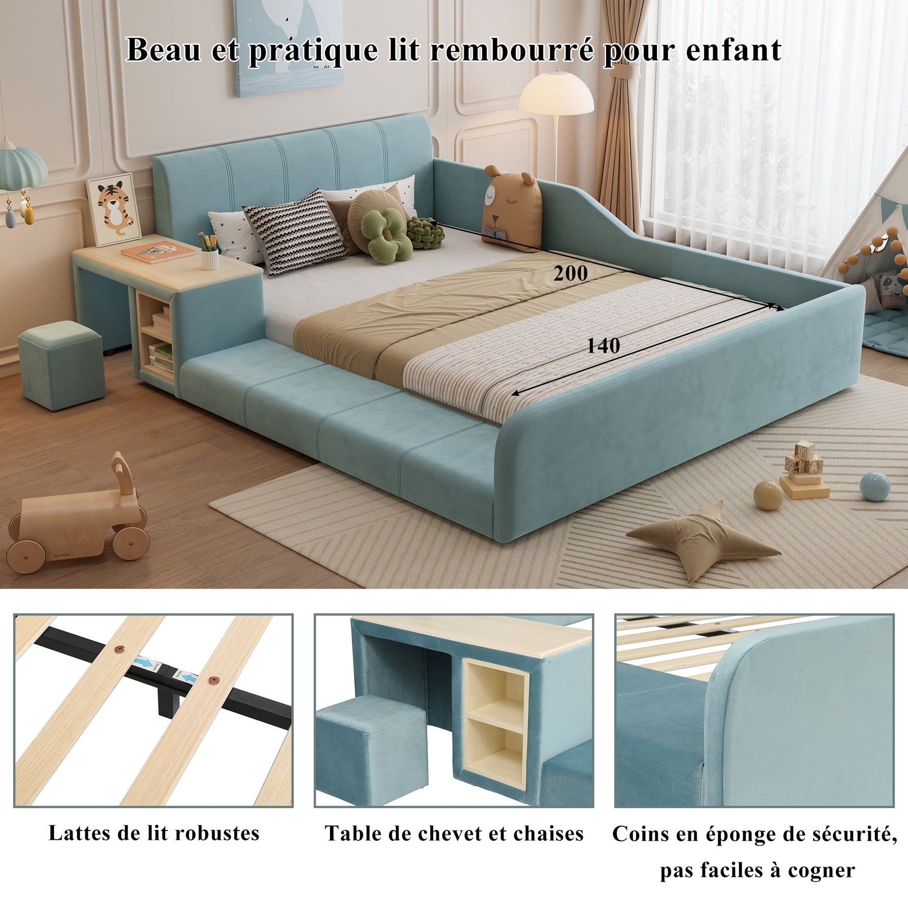 Upholstered Single Bed with Desk, Stool, Storage Shelf, Soft Headboard, 140x200cm, Velvet Blue