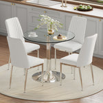 Dining Table Set, Minimalist 85cm Glass Table with 4 Chairs, White Faux Leather