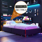 Gaming-Style Metal Bed Frame with 3 Drawers, LED Lighting, USB Ports, Pegboard and Side Shelves, Black Metal