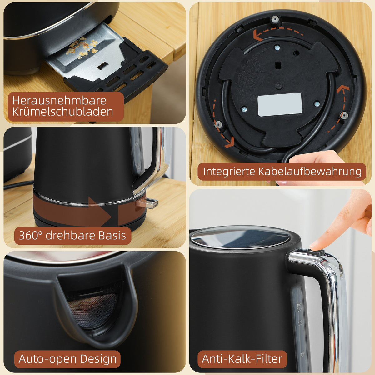 Kettle Toaster Set, 2200W 1.7L 2-Slice 6 Browning Levels, Black