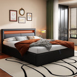 Upholstered Bed with LED Headboard, Storage and Slatted Base, 140x200cm, Black Faux Leather and Wood