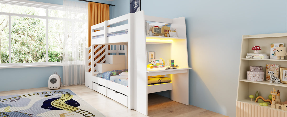 Children's Bunk Bed 90x200cm with Desk & Storage, White Wood