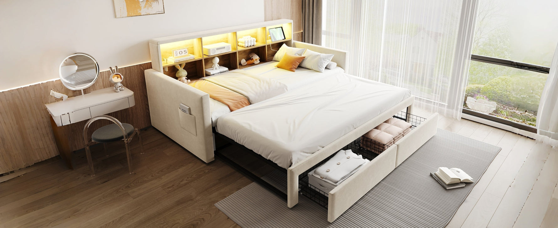 Extendable Upholstered Sofa Bed with LED Headboard, Storage and USB Charging, Beige Velvet