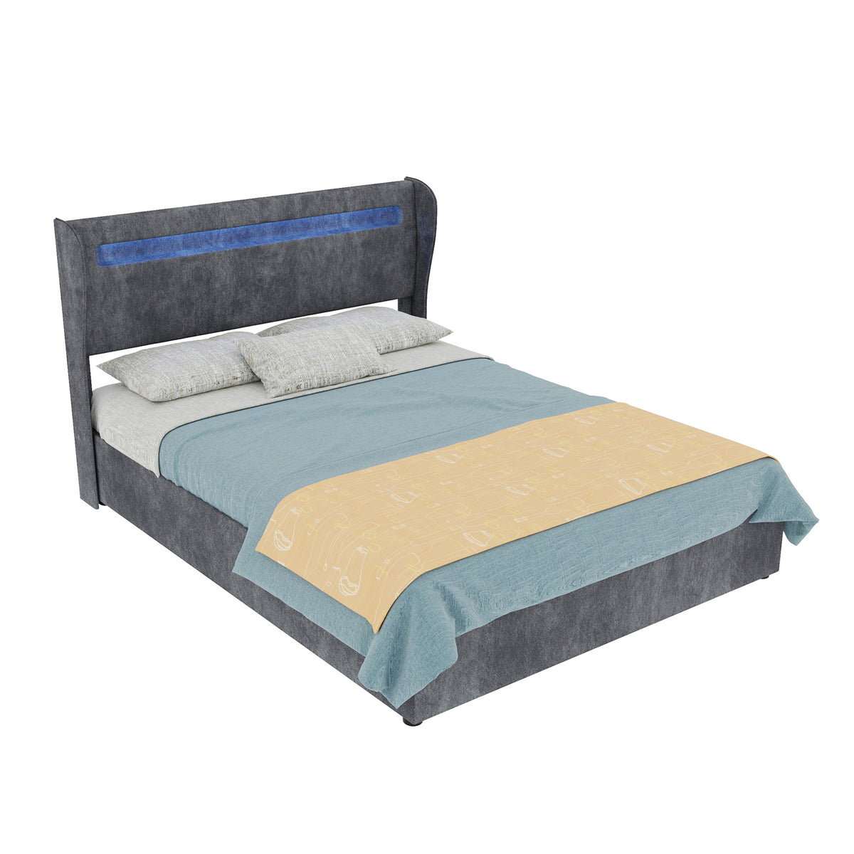 Modern Upholstered Bed with LED & Storage, 140x200 cm, Grey