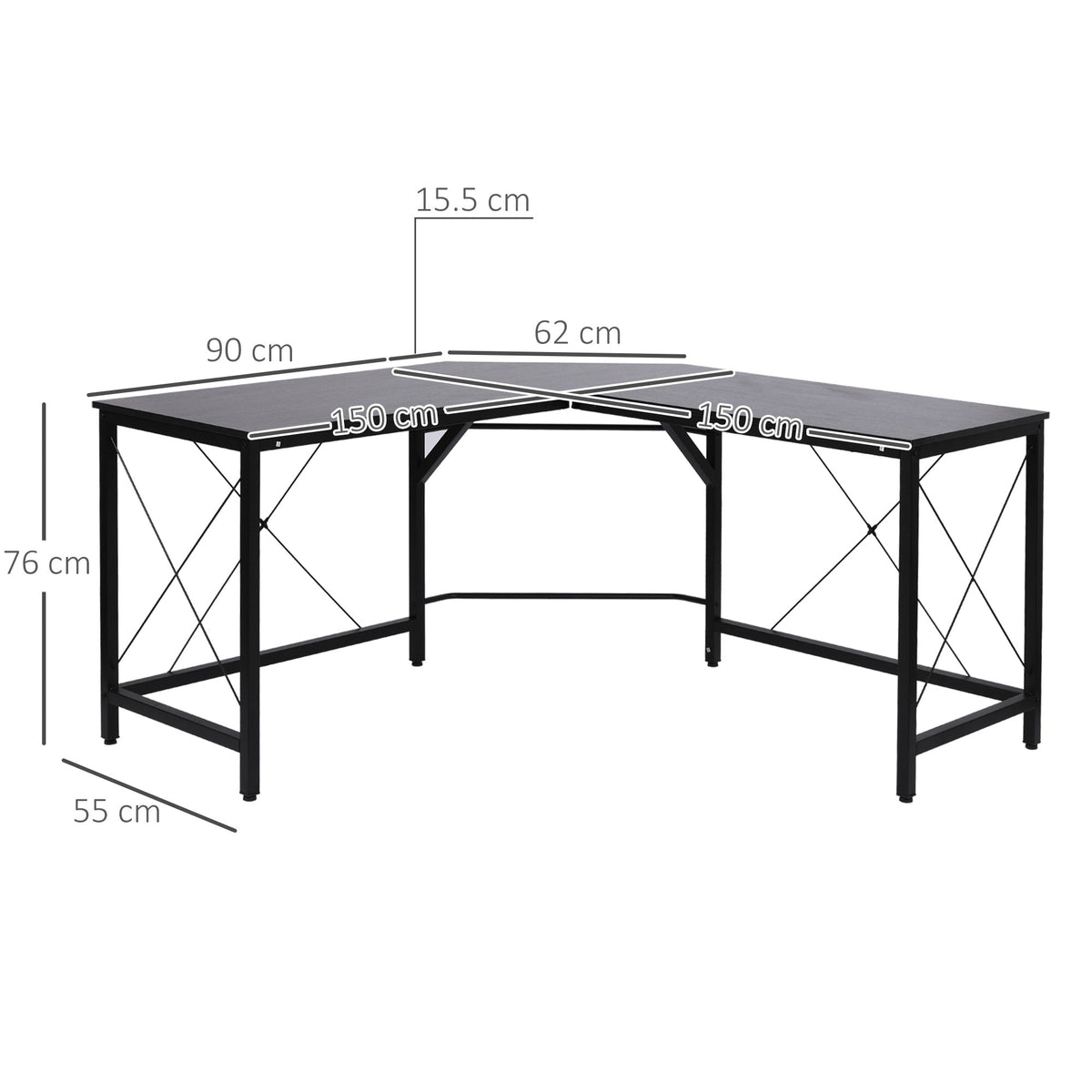 L-shaped Corner Computer Desk, 150x150x76cm Modern Office/Home Desk, Black MDF