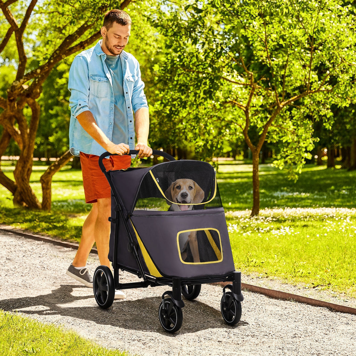 Dog Stroller, Foldable with Cushion, Mesh Window, Oxford Fabric, Dark Grey