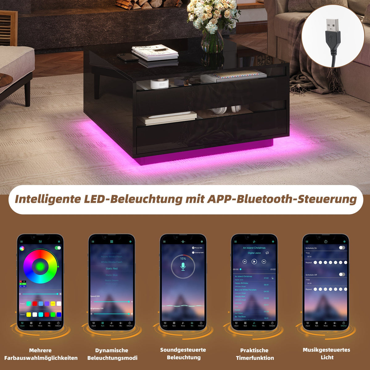 Living Room Coffee Table, Liftable with LED Light Strip, 1 Drawer, Hidden Storage & Flip-Up Doors, High-Gloss Black