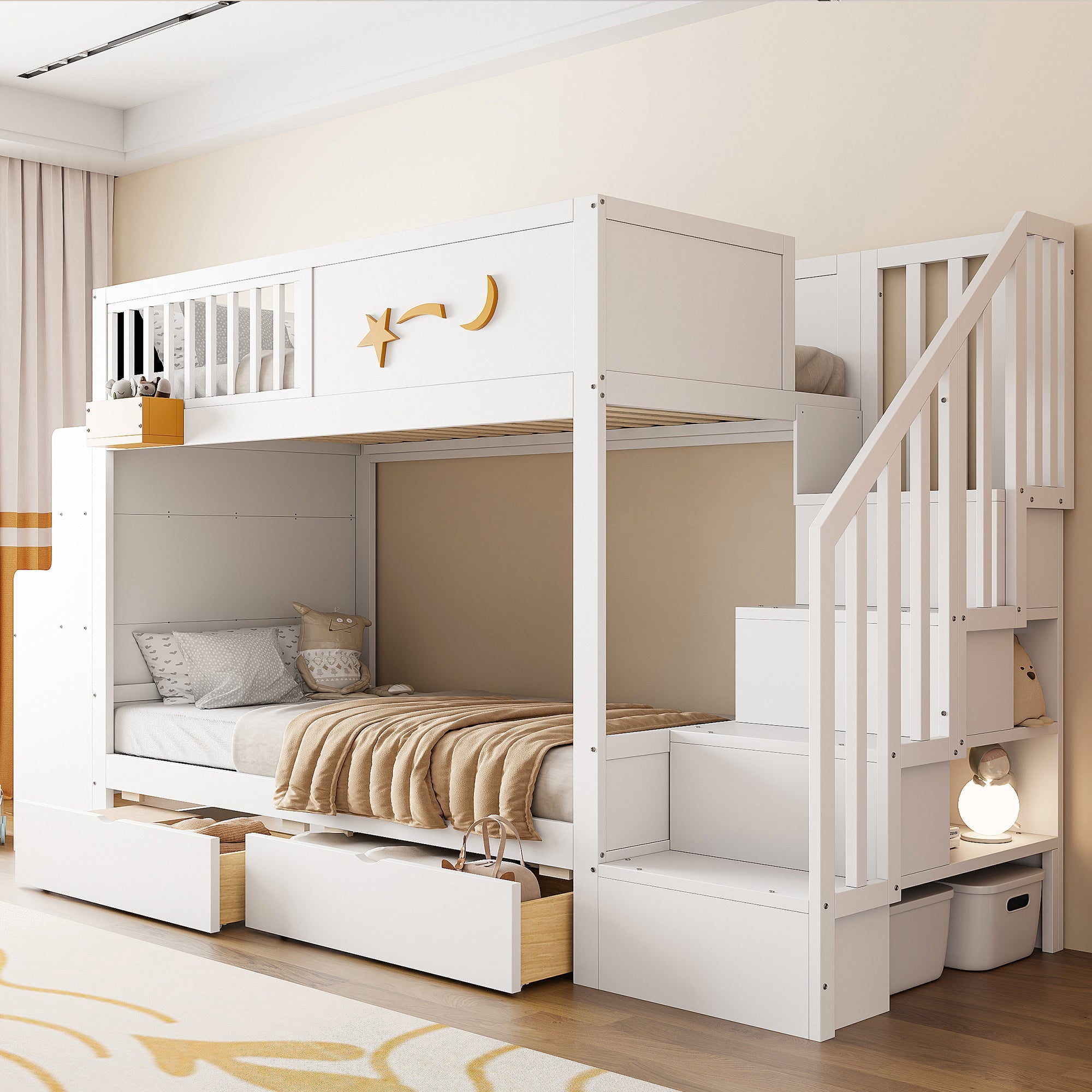 Bunk Bed with Storage Drawers, Safety Stairs, Desk and Star Motif, 90x200cm Solid Pine Wood, White