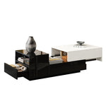 Coffee Table 100x50x38cm, High-Gloss with 1 Drawer & Sliding Top, Black and White Stitching