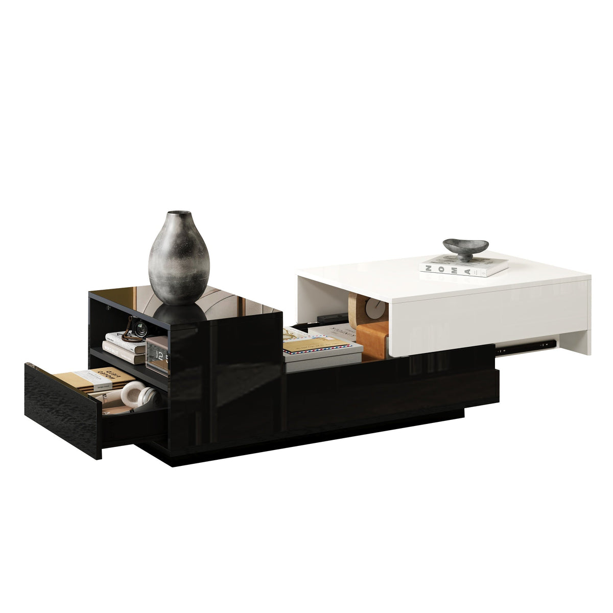 Coffee Table 100x50x38cm, High-Gloss with 1 Drawer & Sliding Top, Black and White Stitching