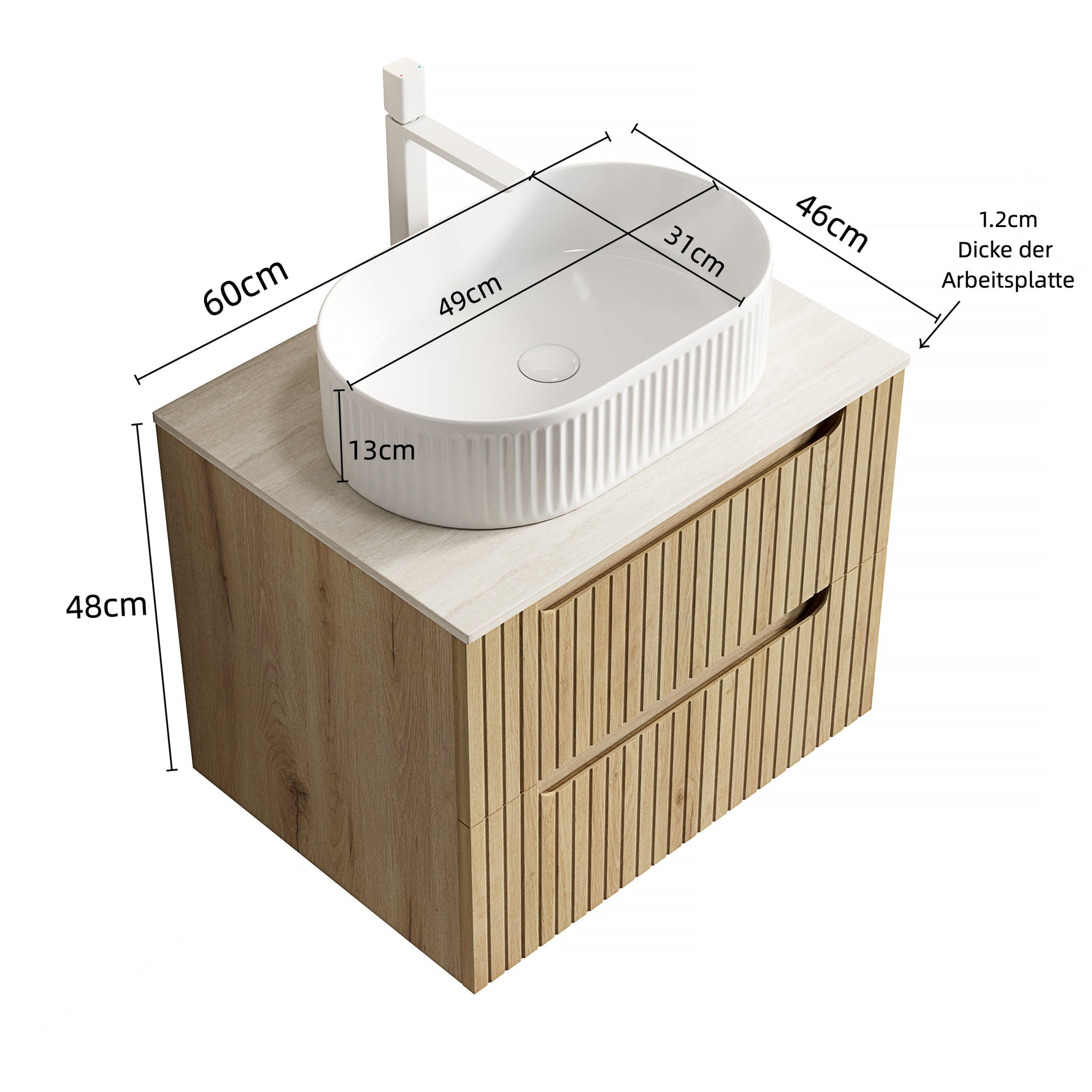 Floating Bathroom Vanity Unit with Oval Sink and Sintered Stone Top, White Oak Wood Grain