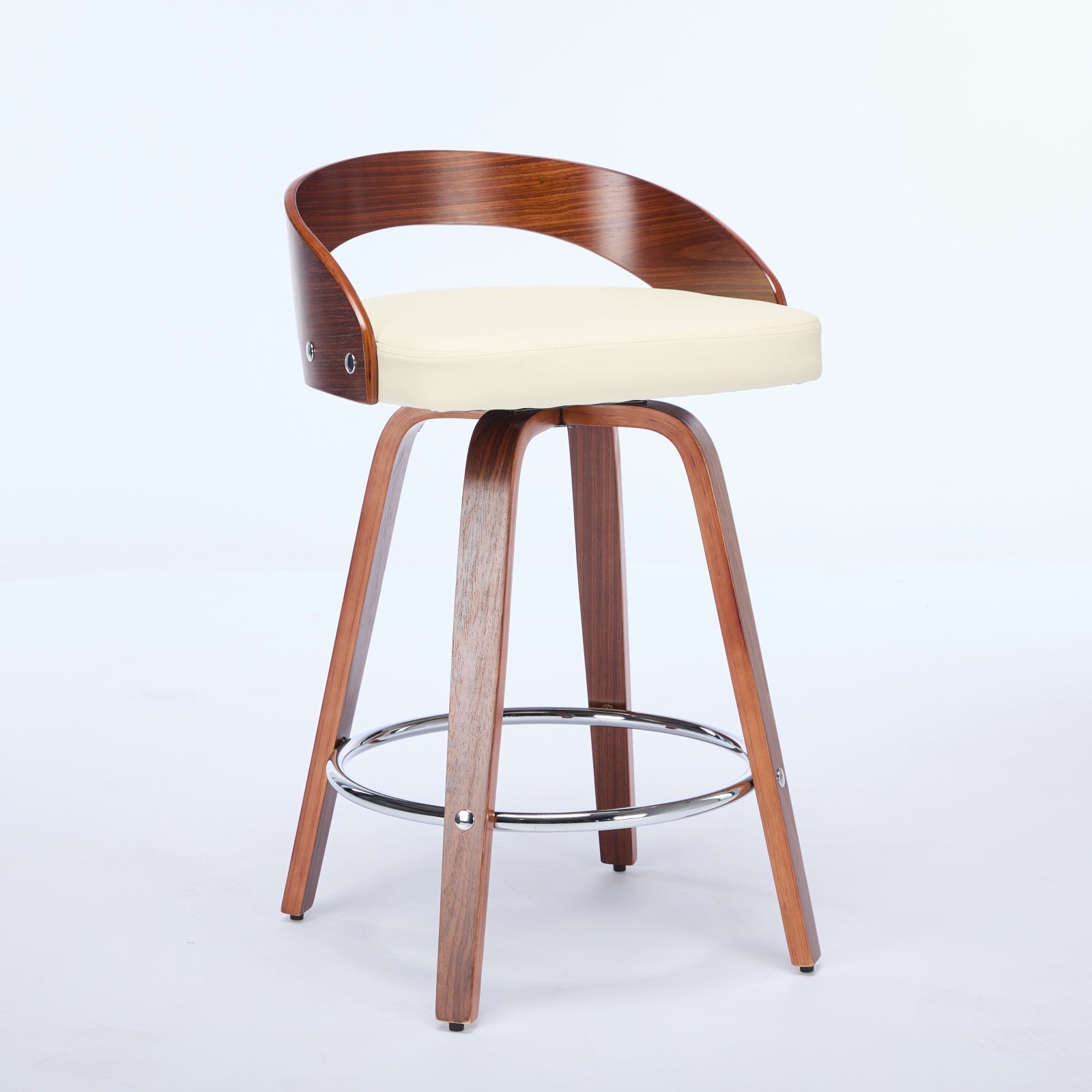 Bar Stools Set of 2, Swivel 63CM Counter Height Chairs with Low Back and Wood Legs, Beige Wood and Faux Leather