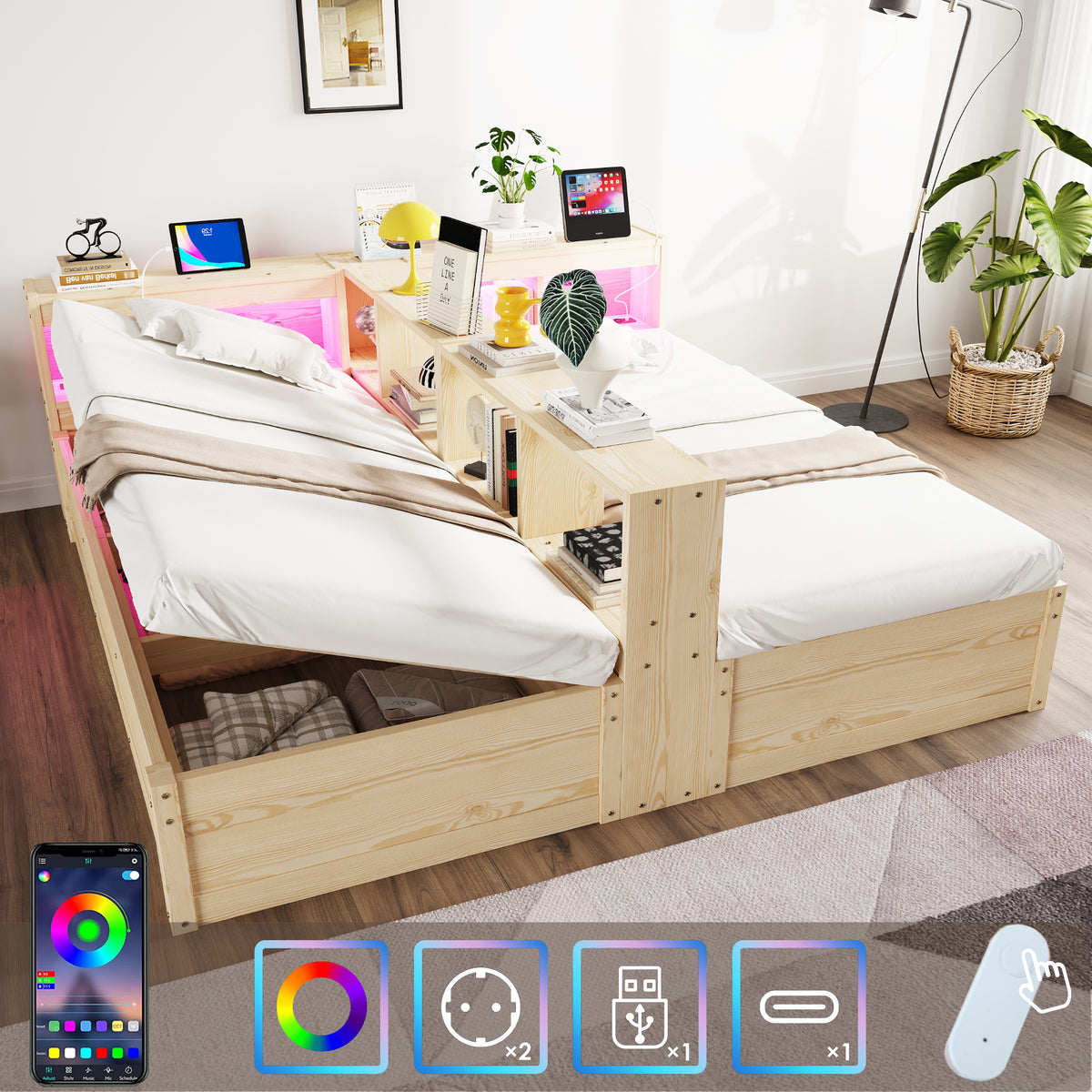 Extendable Sofa Bed 90/180x200cm with Storage & LED, Wood Color