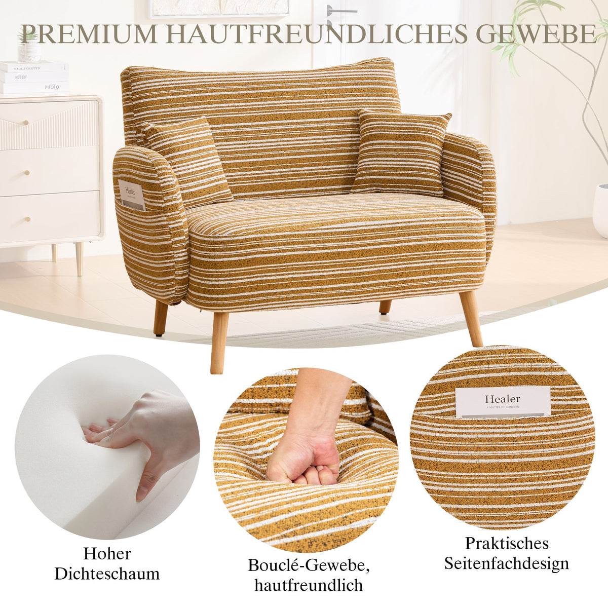 Modern Two-Seater Sofa with Armrest Cushions and Storage Bag, Loop Fabric