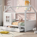 House Bed 90x200 with Fall Protection & Window, Solid Wood White