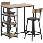 Bar Table with Bar Stool Set, 3-Piece, 3 Shelves, 2 Stools, Modern Style, Steel/Oak