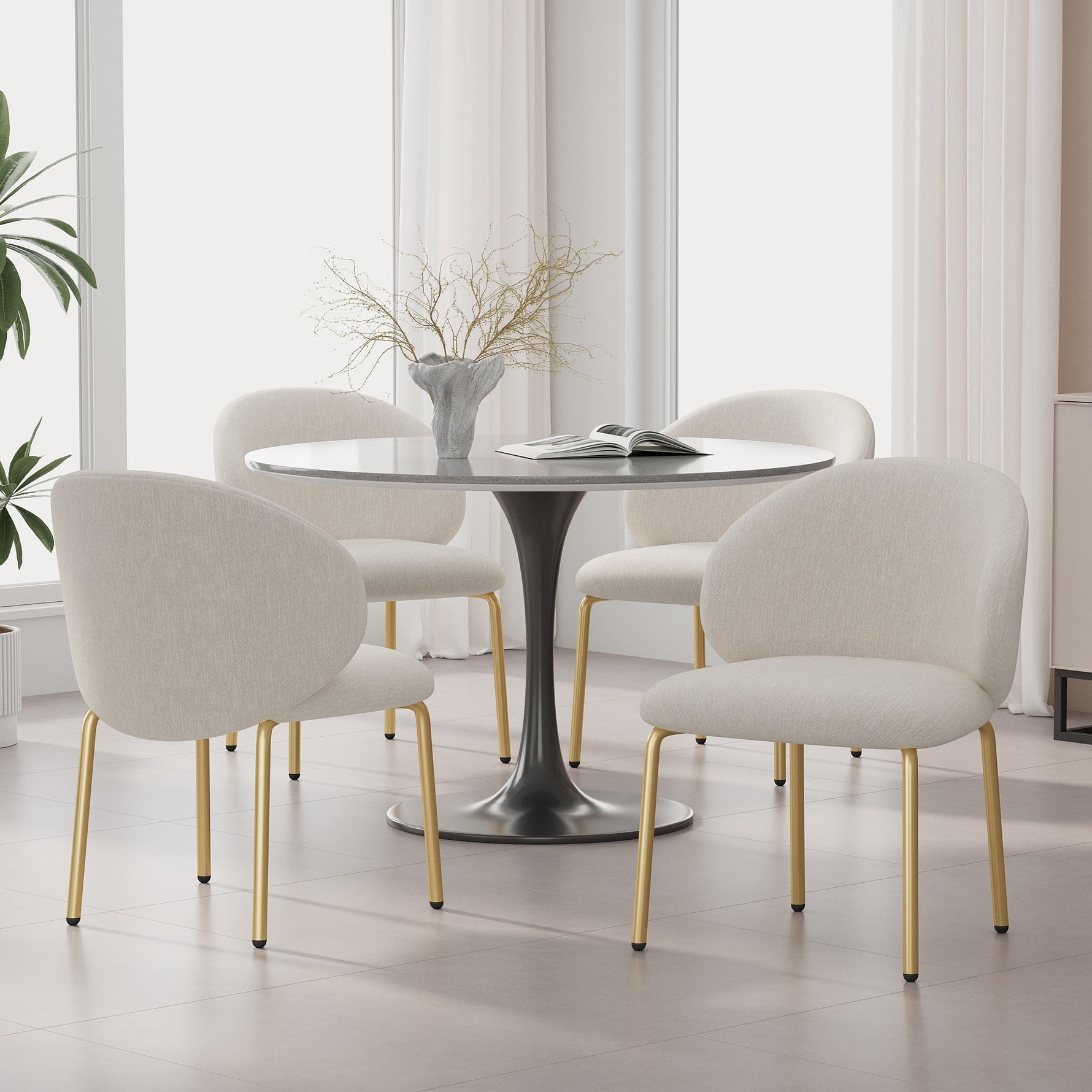 Dining Chairs Set of 4 with Gold Legs, Beige Chenille