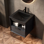 Floating Bathroom Vanity Unit with Ceramic Sink and Storage Drawer, Black Wood Grain