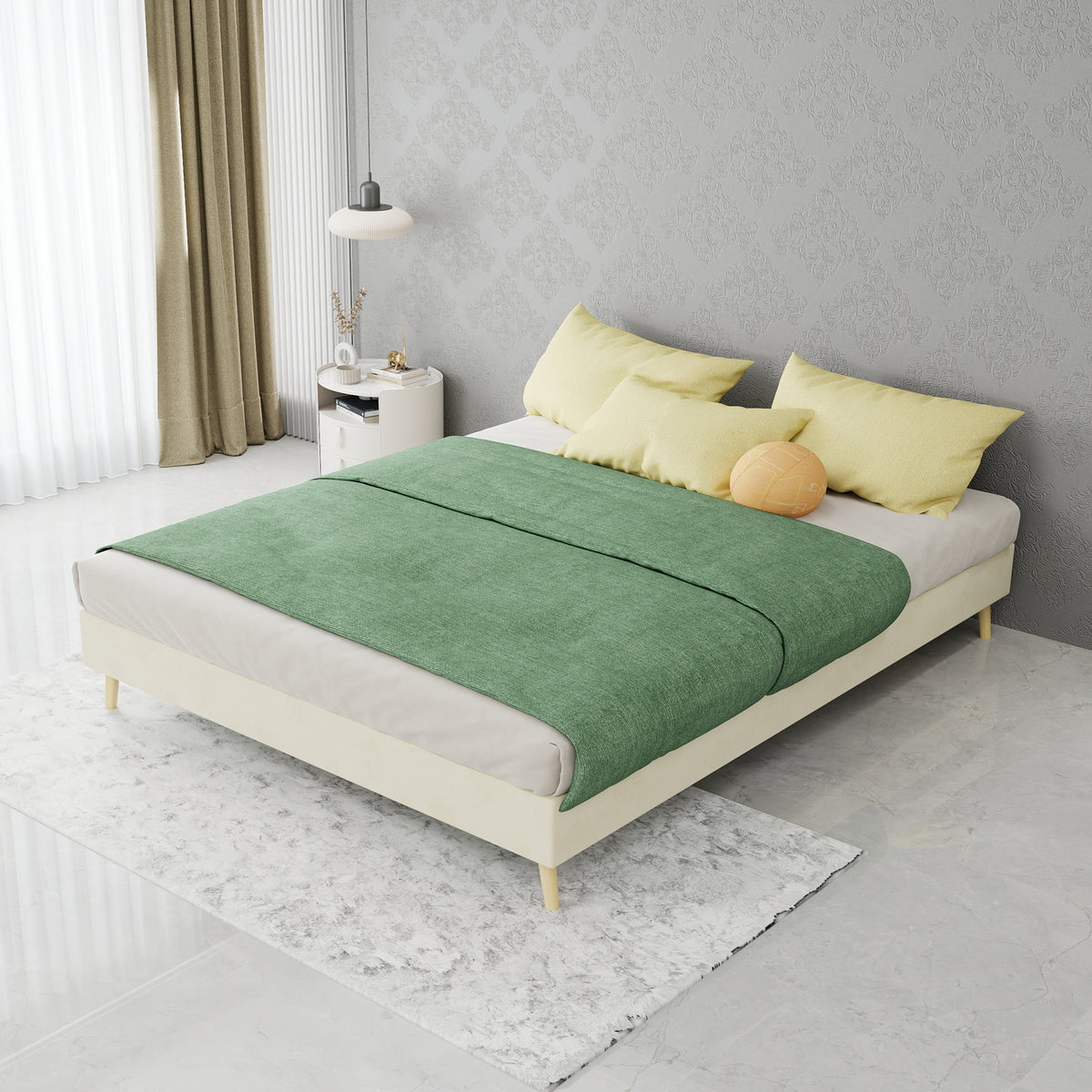 Modern Minimalist Bed Frame 140x200cm with Mattress, Beige Velvet