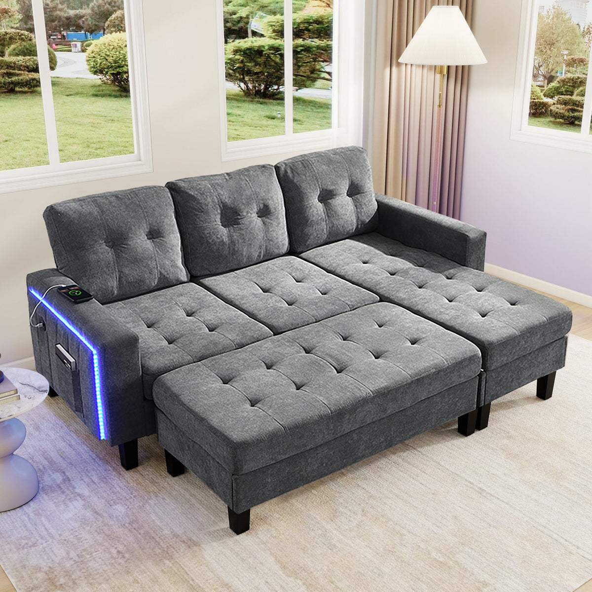 L-Shaped Sofa Set, Multifunctional with Movable Footstool & LED Lighting, Modern Modular