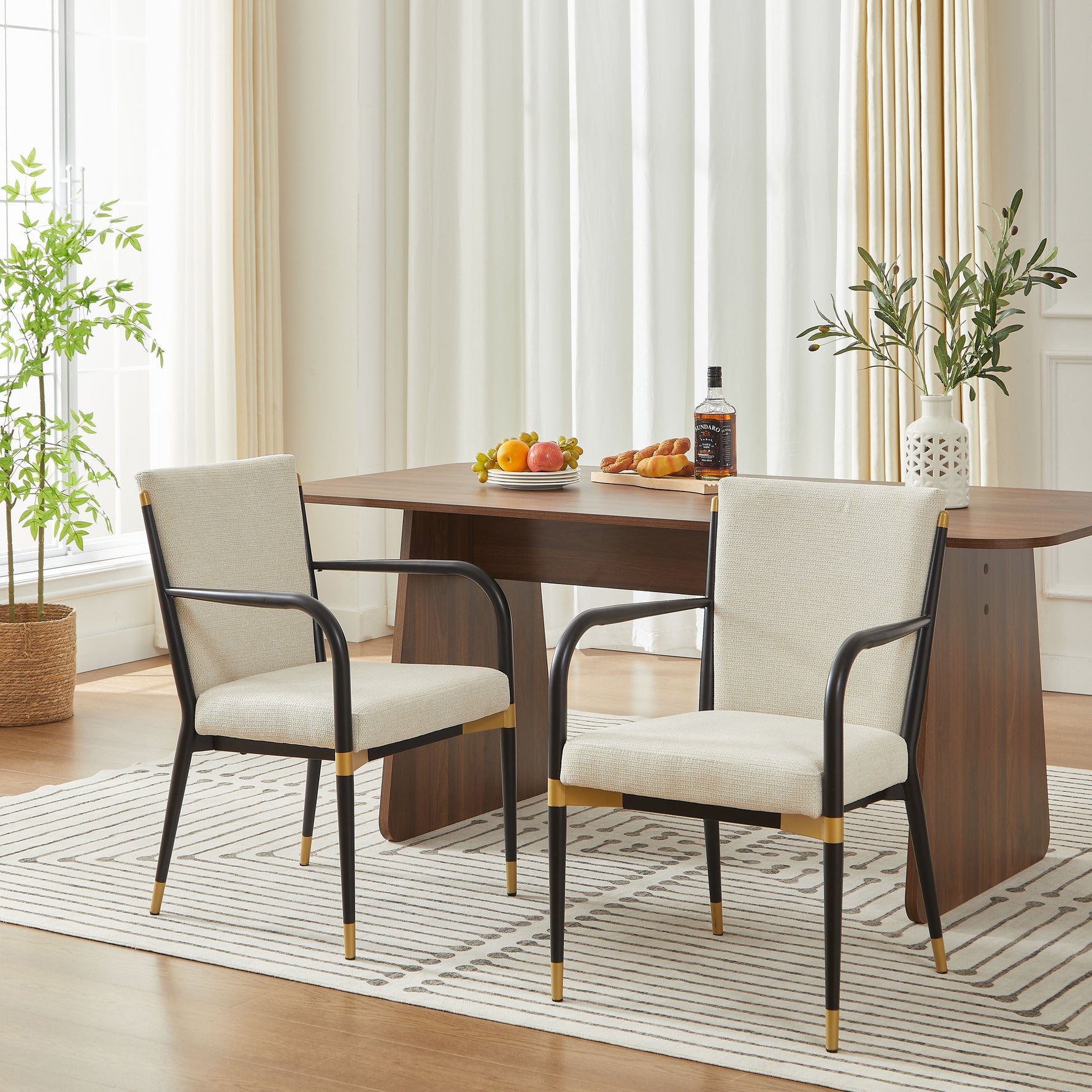 Set of 2 Dining Chairs Modern Scandinavian Upholstered Armrests - Cream Fabric