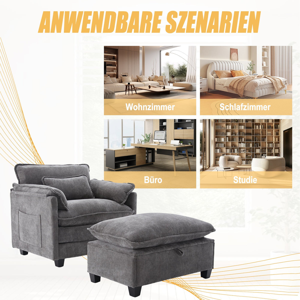 Oversized Armchair with Footrest Stool Side Pockets Cushions, Velvet