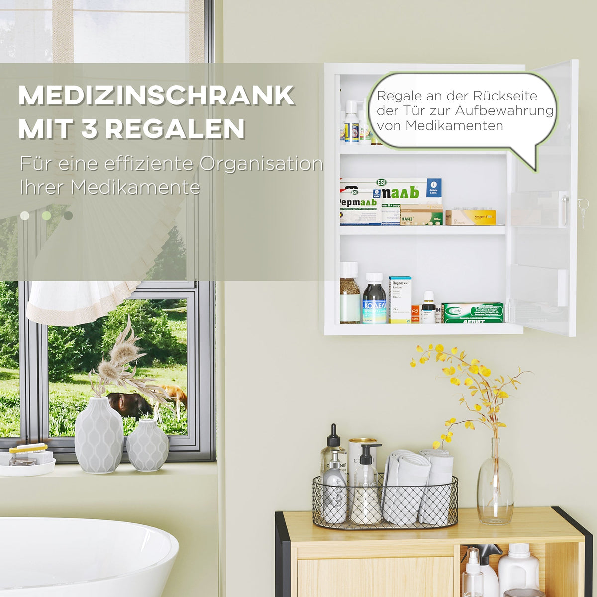 kleankin Medicine Cabinet Wall-Mounted Lockable Steel, White
