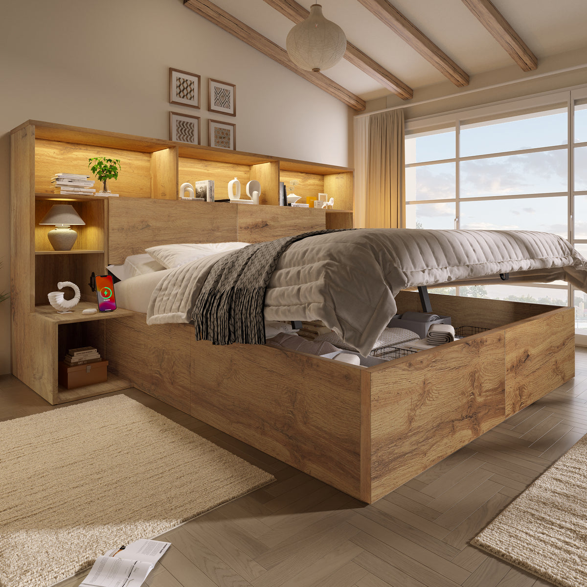 System Storage Bed 160x200 with Mattress, LED & USB-C, Oak Look