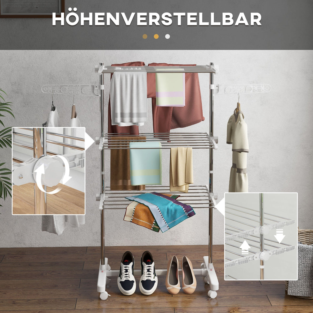 Mobile clothes dryer foldable 3 levels with wheels, for space-saving drying