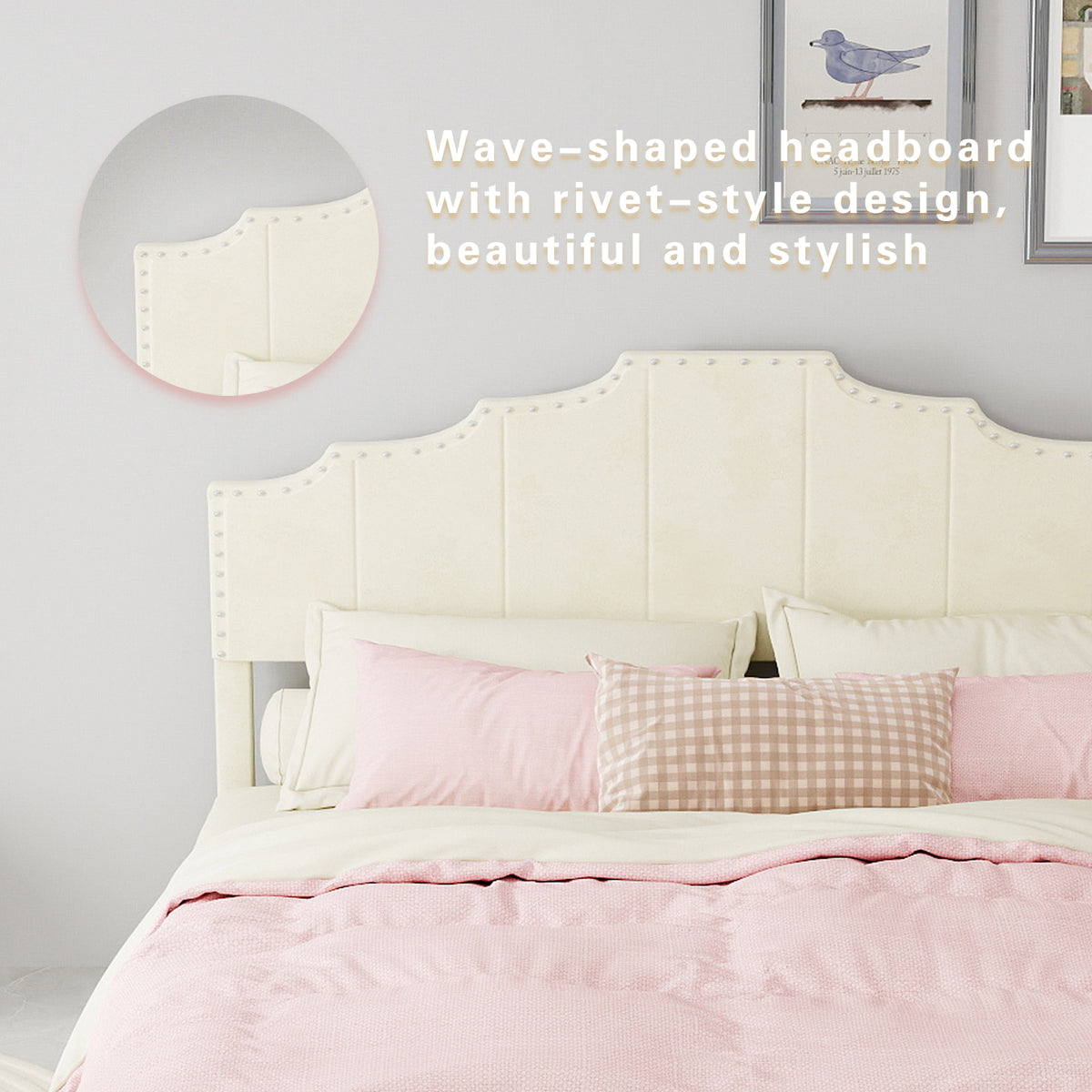 Modern Minimalist Soft Bed with 160x200cm Mattress, Beige