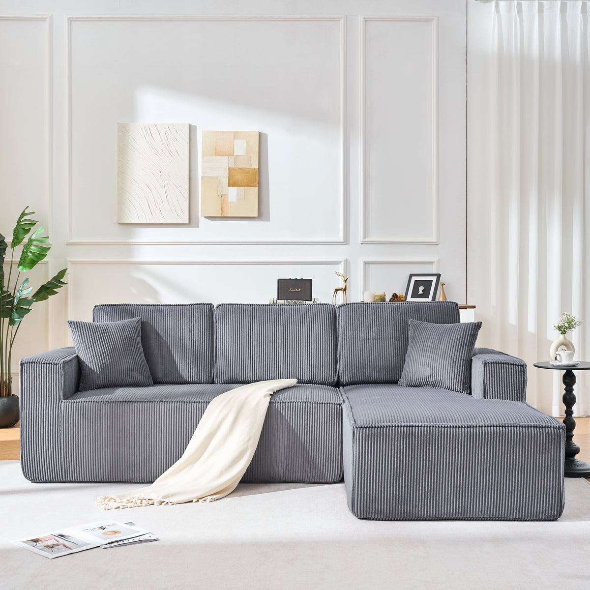 Modular L-Shaped Sofa with Chaise Longue and High-Density Foam, Gray Corduroy