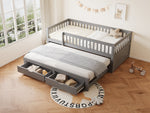Solid Wood Sofa Bed, Pull-out Storage Drawers Safety Rail 90x200cm, Grey