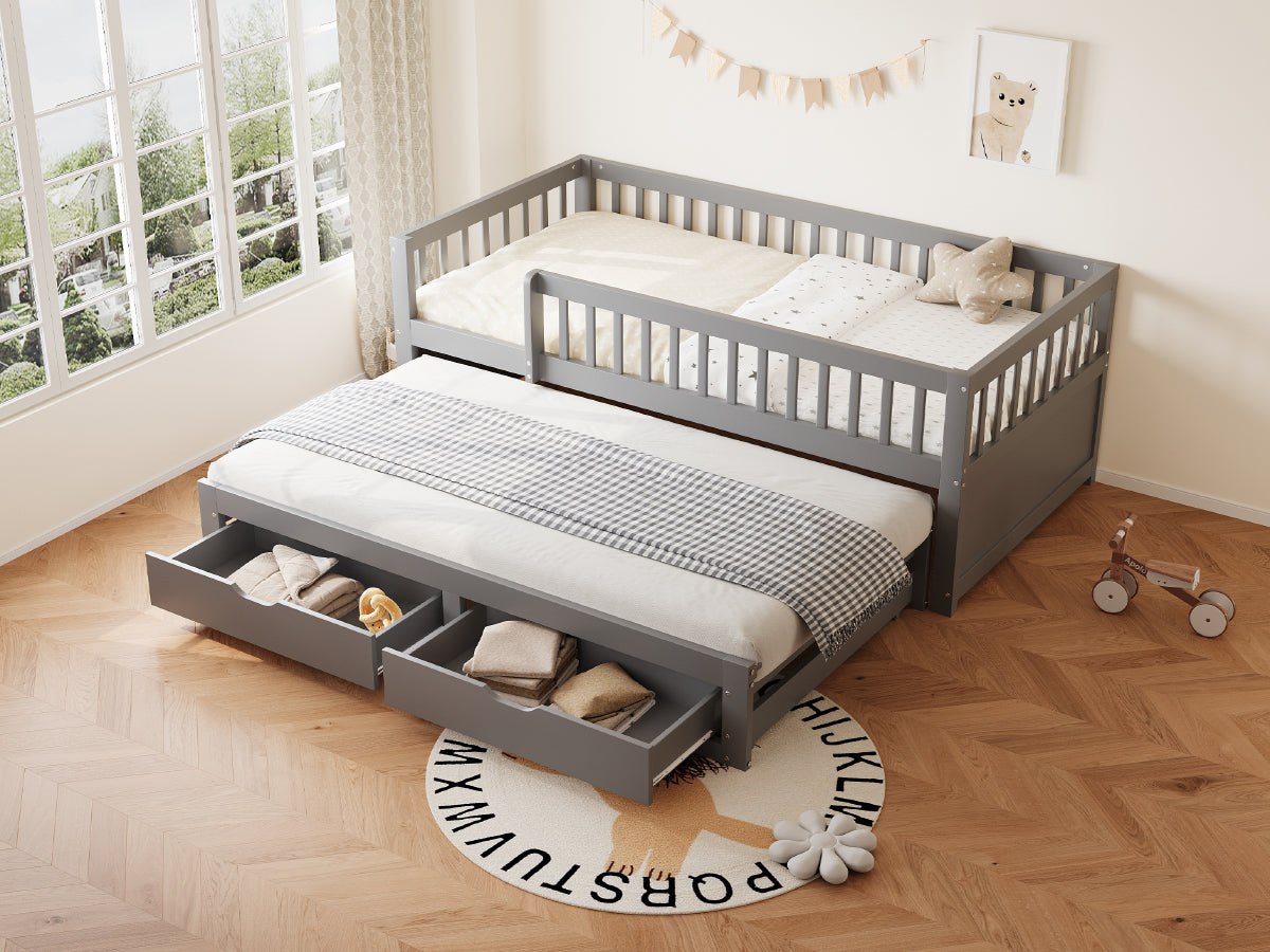 Solid Wood Sofa Bed, Pull-out Storage Drawers Safety Rail 90x200cm, Grey