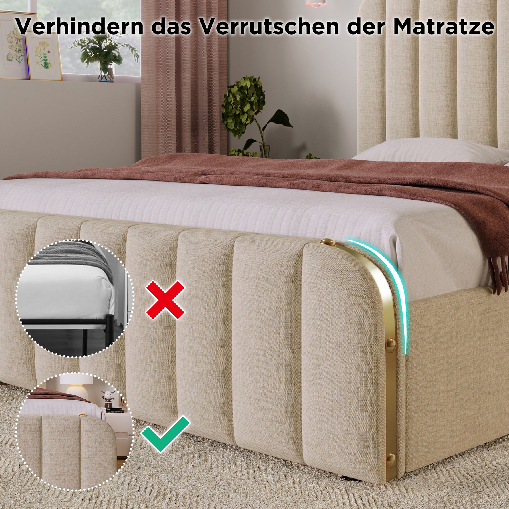 Upholstered Single Bed with USB-C Charging, 4 Drawers, Beige Linen