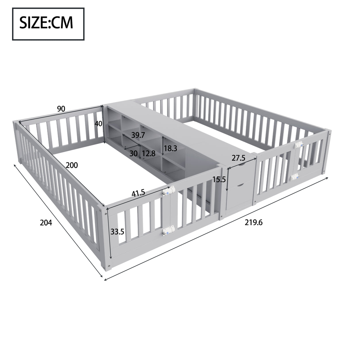 Kids Wooden Bed 90x200cm with Drawer & Safety Rail, Grey