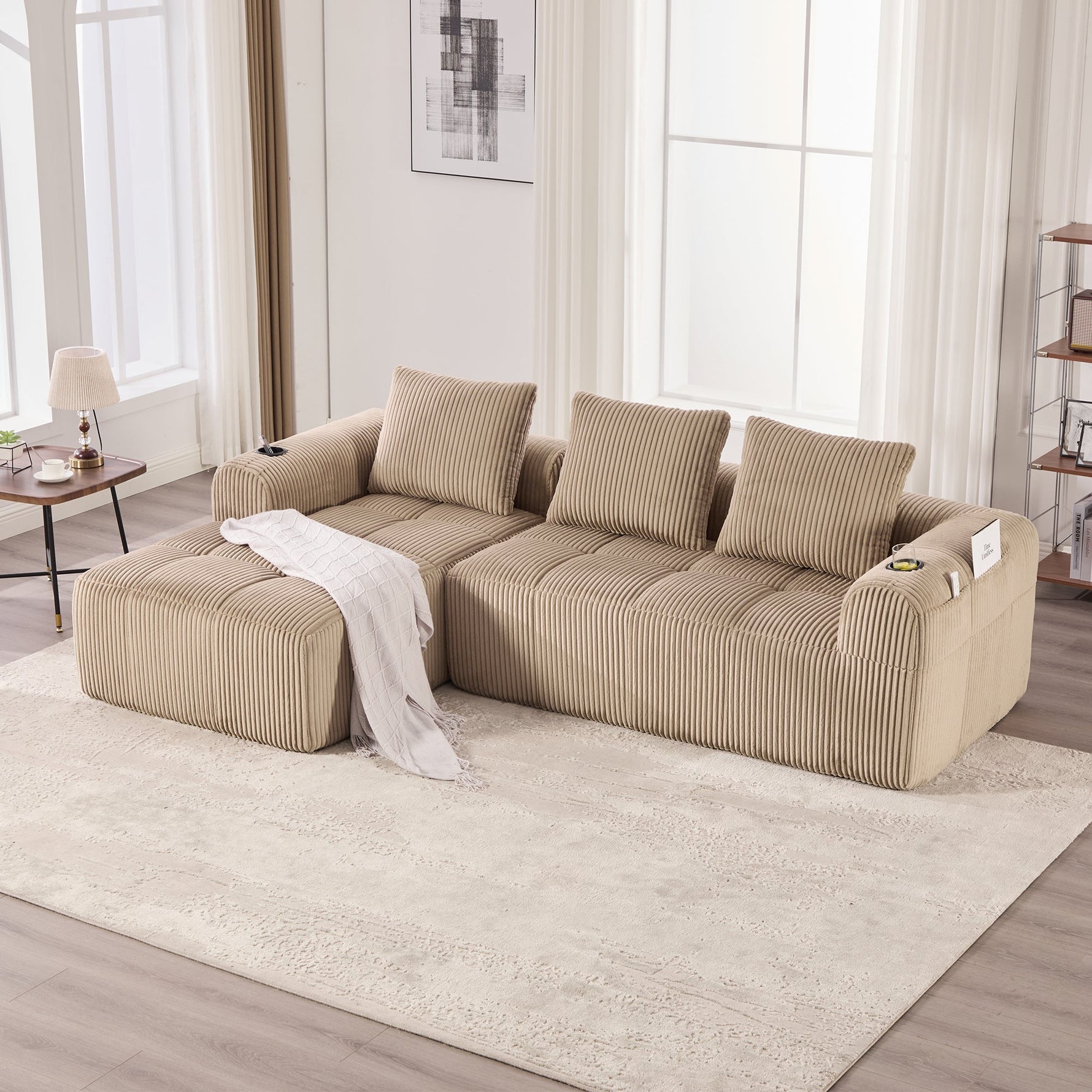 Compact Sofa Modular Side Pocket Cup Holder 3 Cushions - Corduroy Khaki