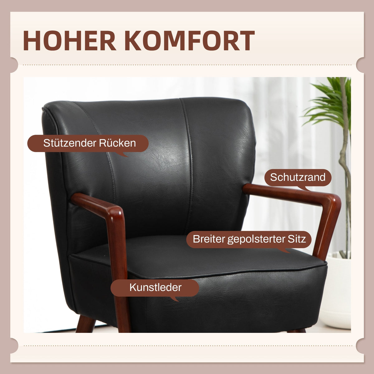 Lounge Chair, Armrests, Wooden Legs, Faux Leather