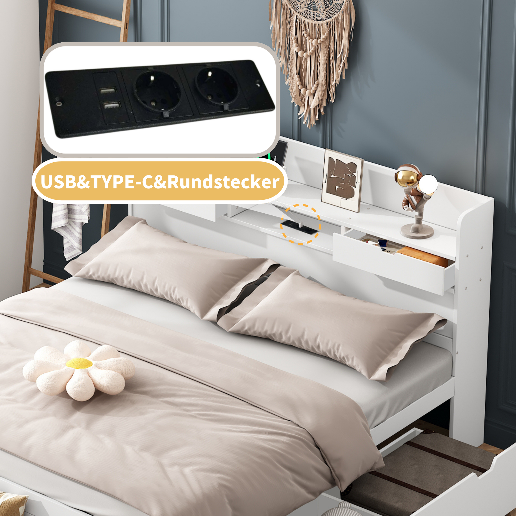 Multifunctional Double Bed with USB Port, Drawers and Storage Cabinet, 160x200cm, White