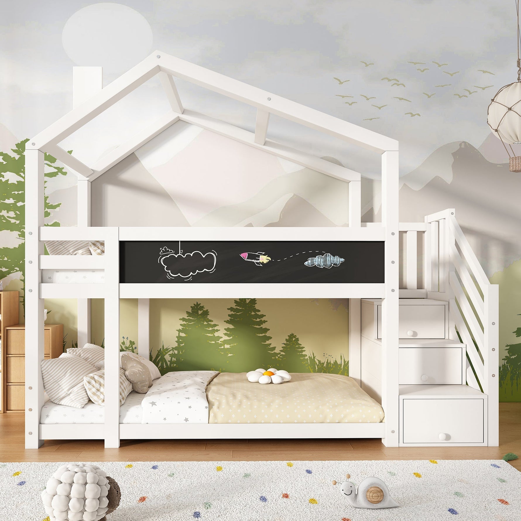 Children's Treehouse Bunk Bed 90x200cm, Storage, Fall Protection, White