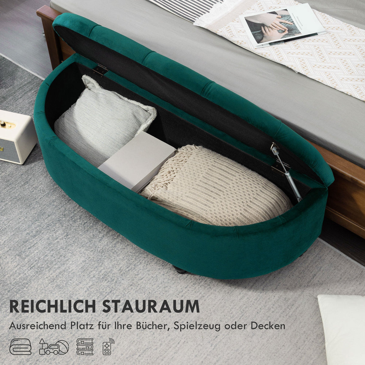 Storage Bench, Open Lid Upholstered, Dark Green Velvet