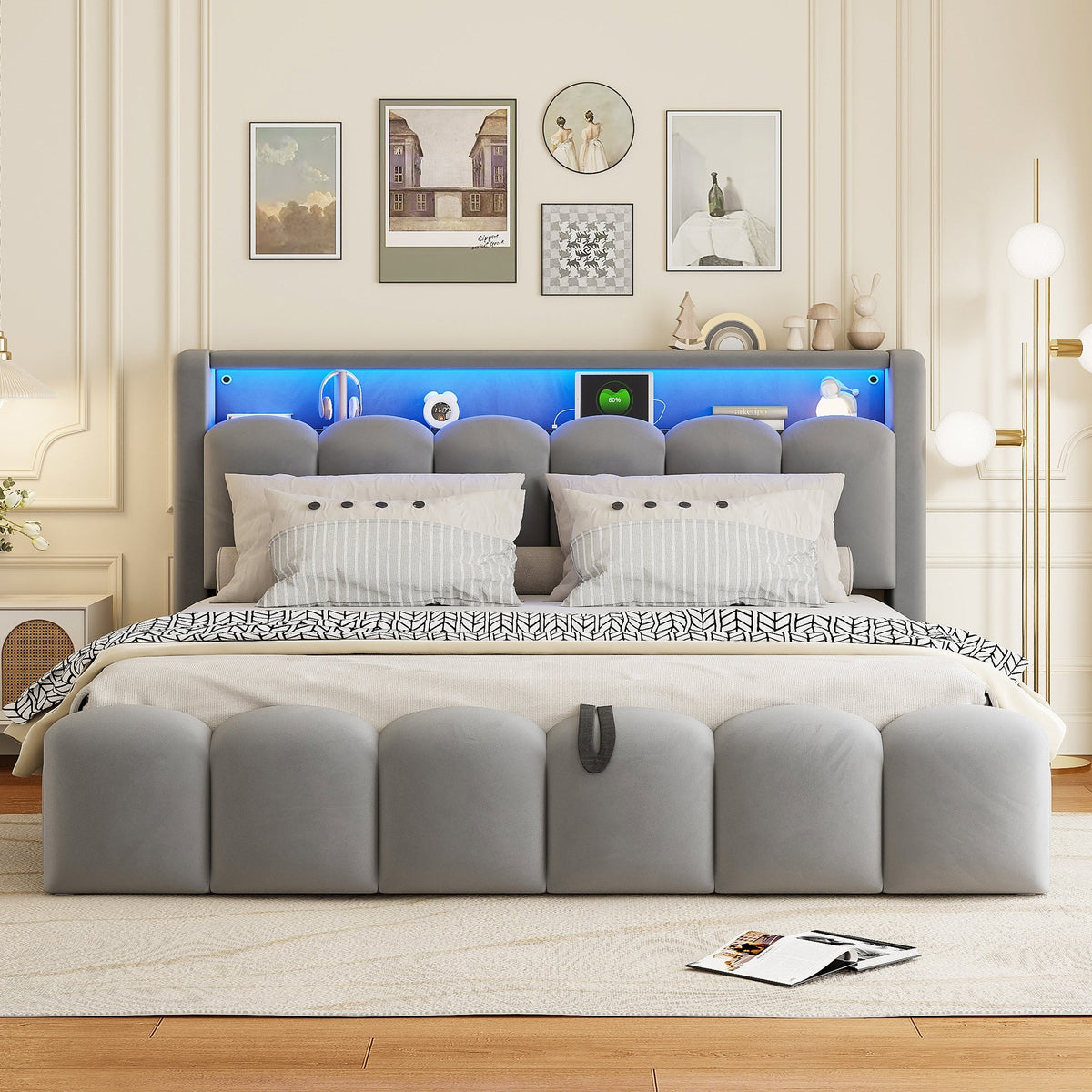 Upholstered Bed 180x200 Hydraulic Storage Headboard USB LED, Velvet Grey