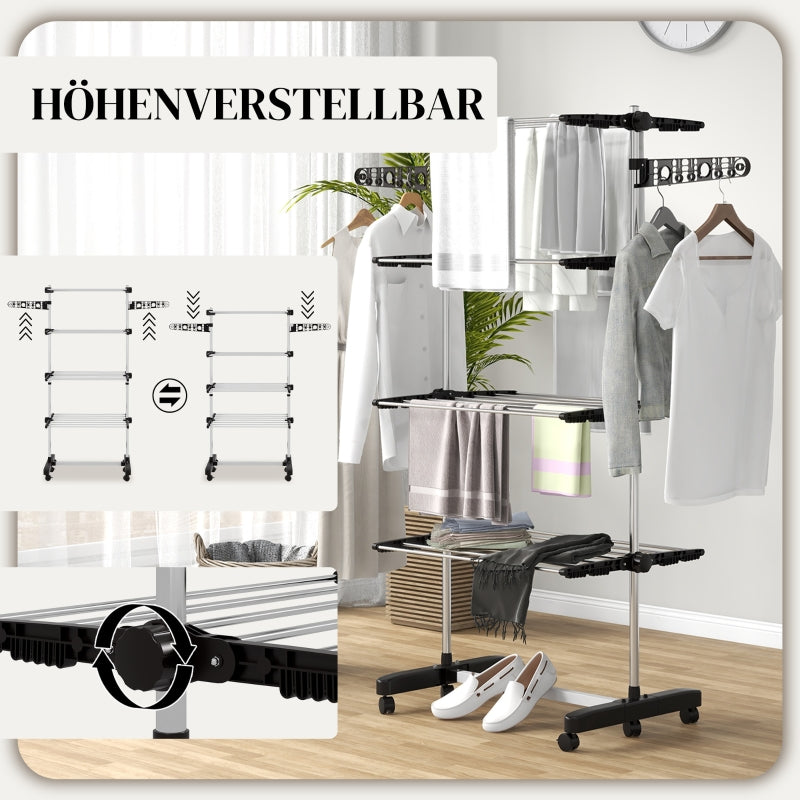 Clothes Airer, 5 Tiers Foldable, One-Click System, Black + Silver