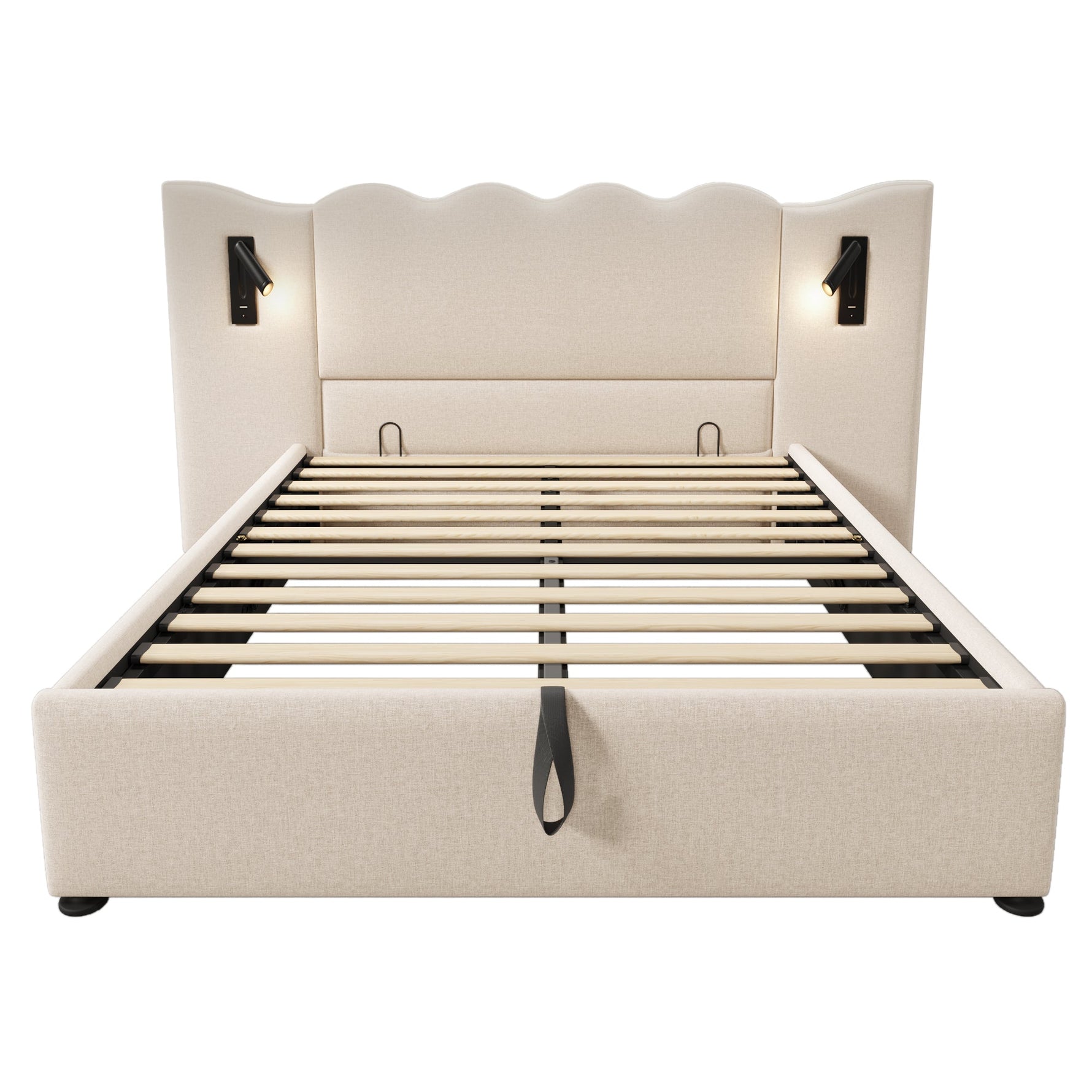 Upholstered Double Bed, 160x200, Reading Lamp & USB-C, Storage, Beige Linen