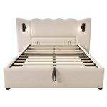 Upholstered Double Bed 160×200, Reading Lamp & USB-C, Storage, Solid Wood & Metal, Beige Linen
