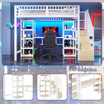 Loft Bed with Desk, Storage Ladder and LED Light Strip, White Metal Frame