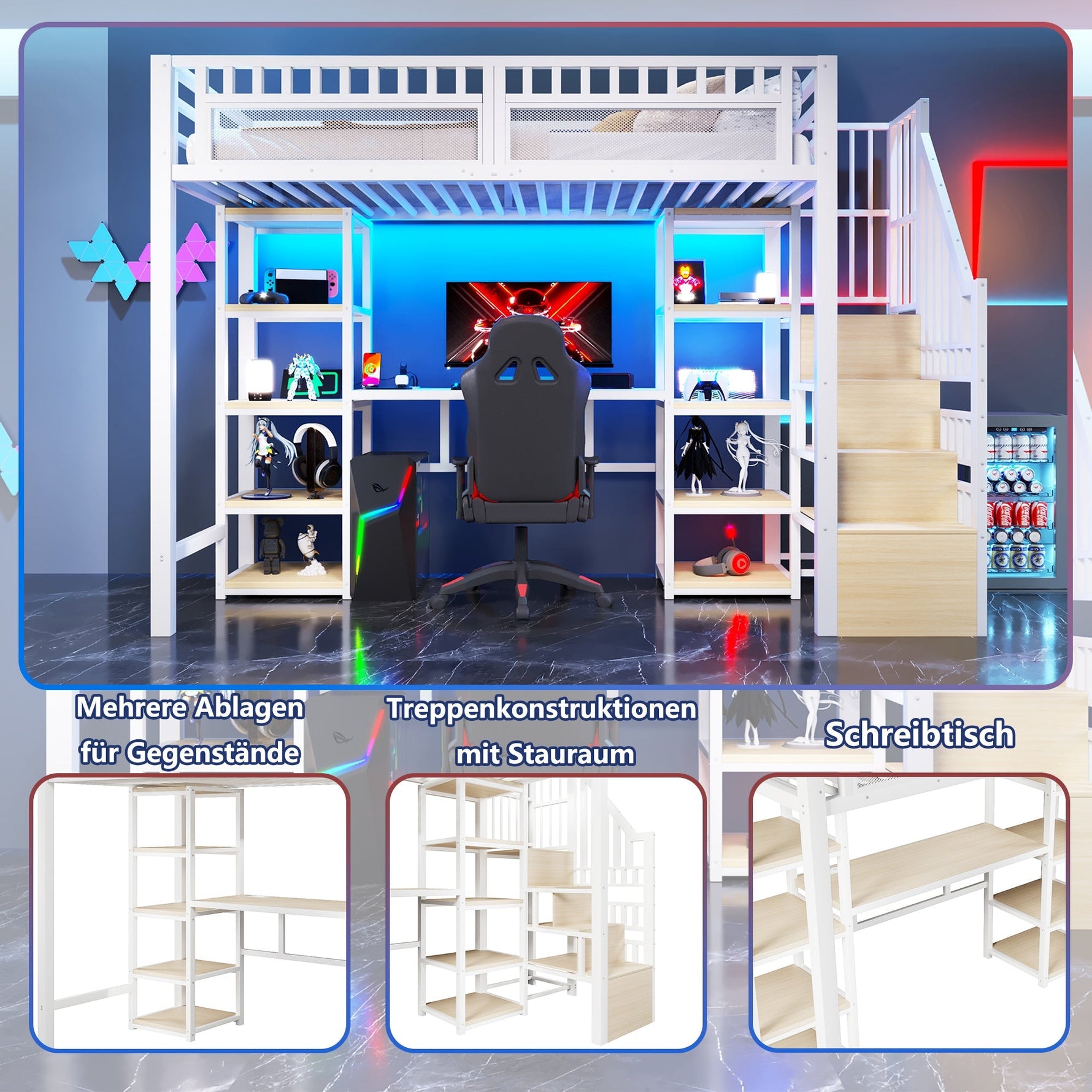 Loft Bed with Desk, Storage Ladder and LED Light Strip, White Metal Frame